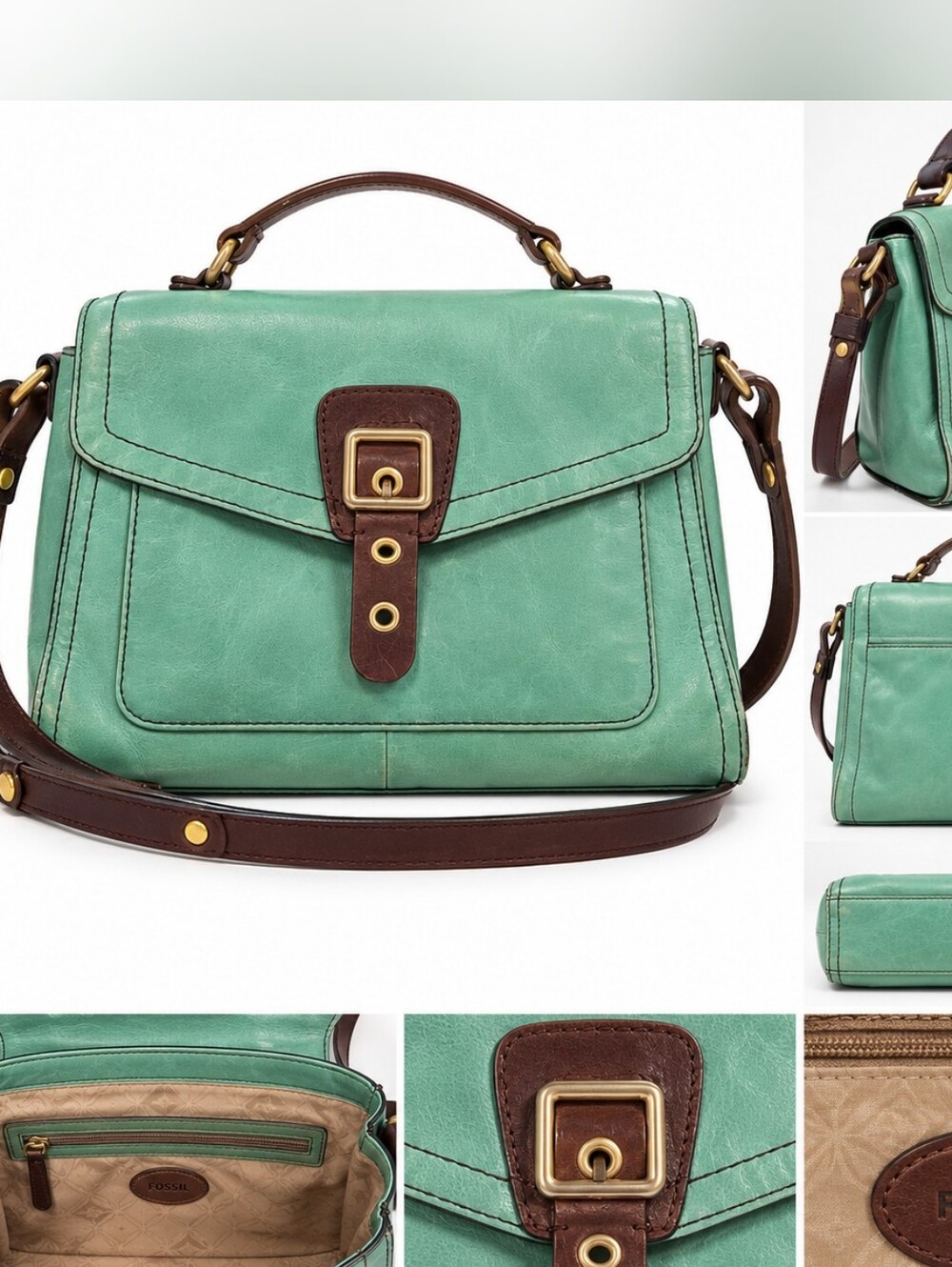 Fossil Mint Green Leather Satchel Crossbody Bag